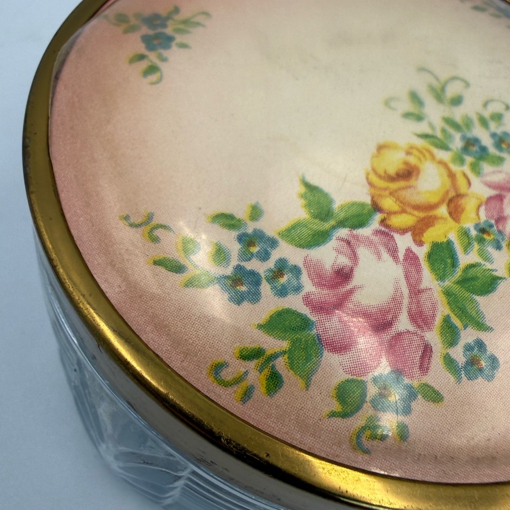 Vintage Art Deco Glass Vanity Cosmetic Makeup Jar Floral Lid Floral Pattern - Picture 4 of 11